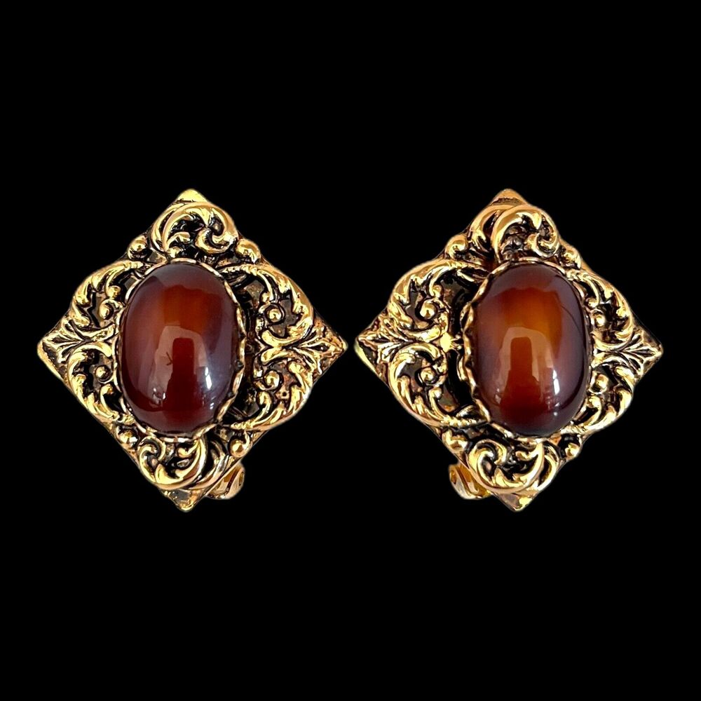 Vintage 1970s Filigree Clip Earrings Gold Tone Brown Cabochon - 2F